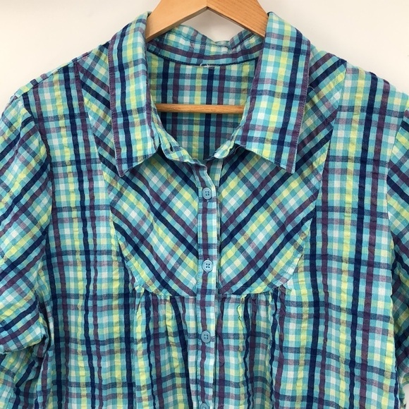 Plaid Button Down Shortsleeved Top Size XXL Blues Yellow Purple White - Picture 6 of 9